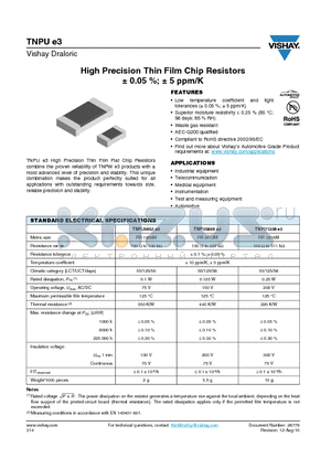 TNPU0603 datasheet - High Precision Thin Film Chip Resistors