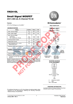 VN2410L datasheet - Small Signal MOSFET 240 V, 200 mA, N−Channel TO−92