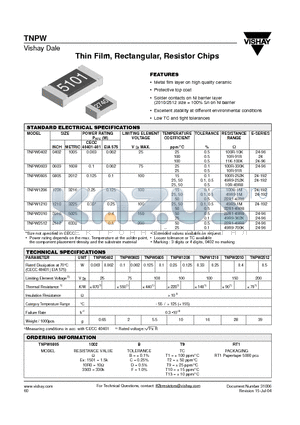 TNPW datasheet - Thin Film, Rectangular, Resistor Chips