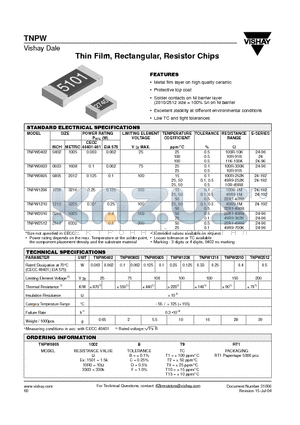 TNPW1206 datasheet - Thin Film, Rectangular, Resistor Chips