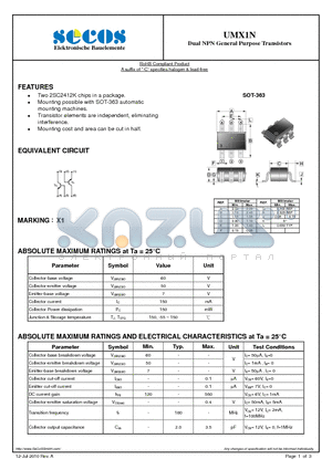 UMX1N datasheet - Dual NPN General Purpose Transistors