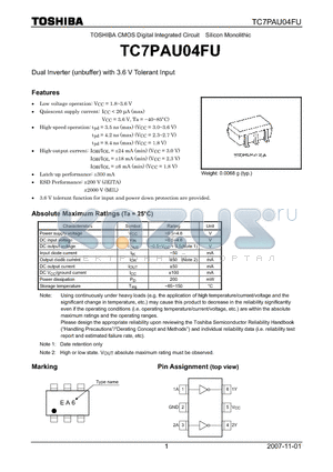 TC7PAU04FU datasheet - Dual Inverter (unbuffer) with 3.6 V Tolerant Input