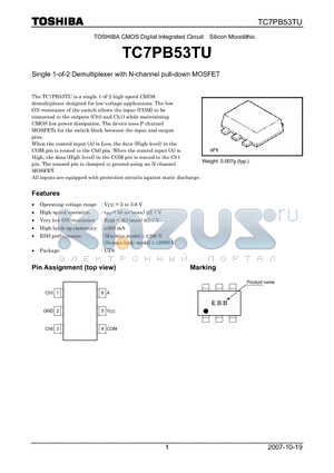 TC7PB53TU datasheet - Single 1-of-2 Demultiplexer with N-channel pull-down MOSFET