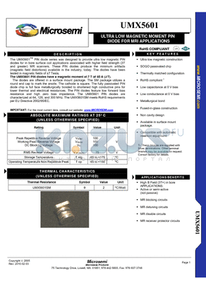 UMX5601 datasheet - ULTRA LOW MAGNETIC MOMENT PIN DIODE FOR MRI APPLICATIONS