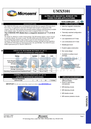 UMX5101SM datasheet - ULTRA LOW MAGNETIC MOMENT PIN DIODE FOR MRI APPLICATIONS