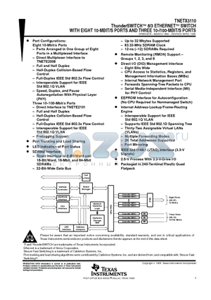 TNETX3110 datasheet - ThunderSWITCHE 8/3 ETHERNETE SWITCH WITH EIGHT 10-MBIT/S PORTS AND THREE 10-/100-MBIT/S PORTS