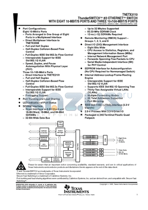 TNETX3110PGV datasheet - ThunderSWITCHE 8/3 ETHERNETE SWITCH WITH EIGHT 10-MBIT/S PORTS AND THREE 10-/100-MBIT/S PORTS