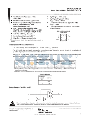 SN74LVC1G66-Q1 datasheet - SINGLE BILATERAL ANALOG SWITCH