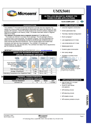 UMX5601 datasheet - ULTRA LOW MAGNETIC MOMENT PIN DIODE FOR MRI APPLICATIONS