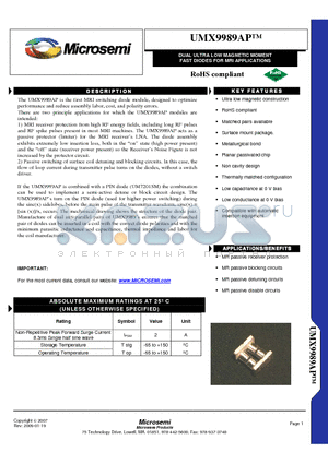 UMX9989AP datasheet - DUAL ULTRA LOW MAGNETIC MOMENT FAST DIODES FOR MRI APPLICATIONS