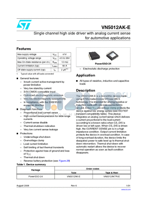VN5012AK-E datasheet - Single channel high side driver with analog current sense for automotive applications