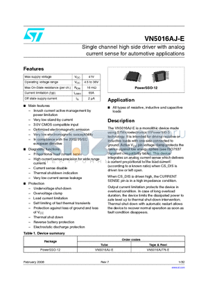 VN5016AJTR-E datasheet - Single channel high side driver with analog current sense for automotive applications