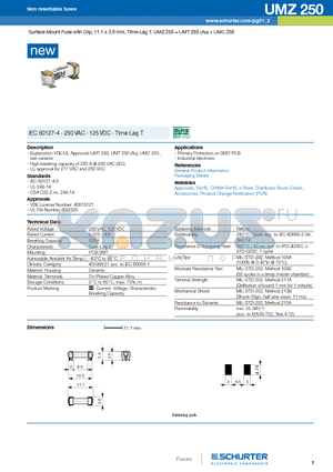 UMZ datasheet - Surface Mount Fuse with Clip, 11.1 x 3.8 mm, Time-Lag T, UMZ 250 = UMT 250 (Au)  UMC 250