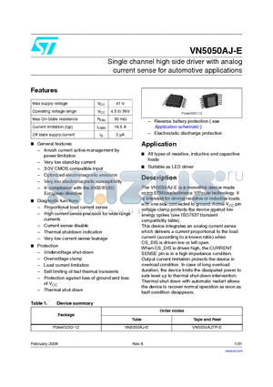 VN5050AJTR-E datasheet - Single channel high side driver with analog current sense for automotive applications