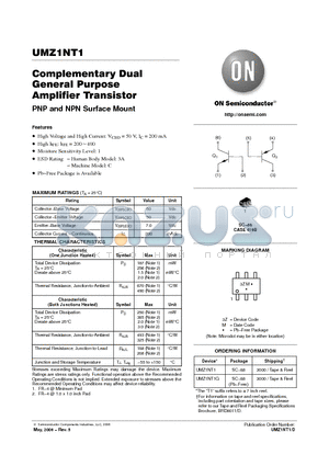 UMZ1NT1 datasheet - Complementary Dual General Purpose Amplifier Transistor