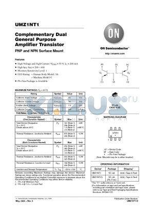 UMZ1NT1G datasheet - Complementary Dual General Purpose Amplifier Transistor