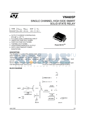 VN460 datasheet - SINGLE CHANNEL HIGH SIDE SMART SOLID STATE RELAY