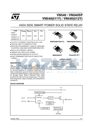 VN540011Y datasheet - HIGH SIDE SMART POWER SOLID STATE RELAY