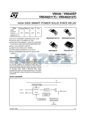 VN540SP datasheet - HIGH SIDE SMART POWER SOLID STATE RELAY