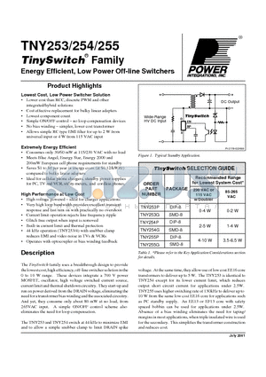 TNY255 datasheet - TinySwitch Family Energy Efficient, Low Power Off-line Switchers