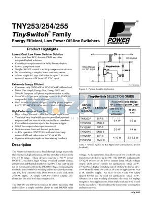 TNY254 datasheet - TinySwitch Family Energy Efficient, Low Power Off-line Switchers