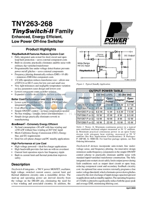 TNY264GTL datasheet - Enhanced, Energy Efficient, Low Power Off-line Switcher