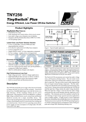 TNY256 datasheet - TinySwitch Plus Energy Efficient, Low Power Off-line Switcher