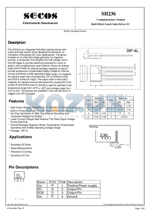 SH236 datasheet - Hall Effect Latch Sink Driver IC