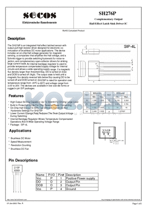 SH276P datasheet - Hall Effect Latch Sink Driver IC