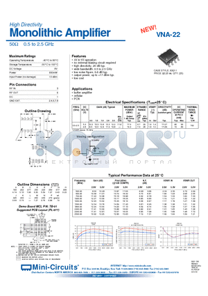 VNA-22 datasheet - Monolithic Amplifier 50OHM 0.5 to 2.5 GHz