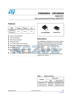VNB49N04 datasheet - OMNIFET: fully autoprotected Power MOSFET