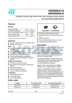 VND5050AK-E datasheet - Double channel high side driver with analog current sense for automotive applications