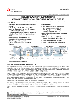 SN74LVC1T45DBVR datasheet - SINGLE-BIT DUAL-SUPPLY BUS TRANSCEIVER WITH CONFIGURABLE VOLTAGE TRANSLATION AND 3-STATE OUTPUTS