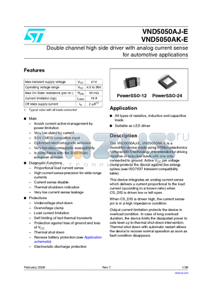 VND5050AKTR-E datasheet - Double channel high side driver with analog current sense for automotive applications