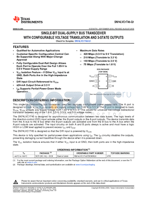 SN74LVC1T45-Q1 datasheet - SINGLE-BIT DUAL-SUPPLY BUS TRANSCEIVER WITH CONFIGURABLE VOLTAGE TRANSLATION AND 3-STATE OUTPUTS