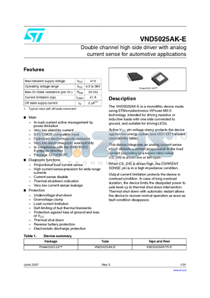 VND5025AKTR-E datasheet - Double channel high side driver with analog current sense for automotive applications