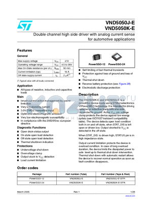 VND5050J-E datasheet - Double channel high side driver with analog current sense for automotive applications