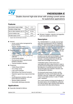 VND5E025BKTR-E datasheet - Double channel high-side driver with analog current sense for automotive applications