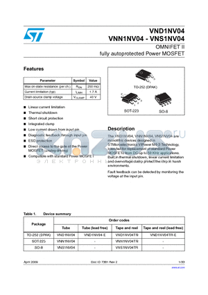 VND1NV04TR datasheet - OMNIFET II fully autoprotected Power MOSFET