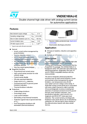 VND5E160AJ-E datasheet - Double channel high side driver with analog current sense for automotive applications