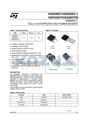 VND5N07 datasheet - OMNIFET: FULLY AUTOPROTECTED POWER MOSFET