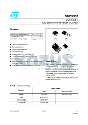 VND5N07 datasheet - OMNIFET IIfully autoprotected Power MOSFET