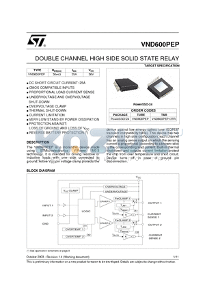 VND600PEP datasheet - DOUBLE CHANNEL HIGH SIDE SOLID STATE RELAY