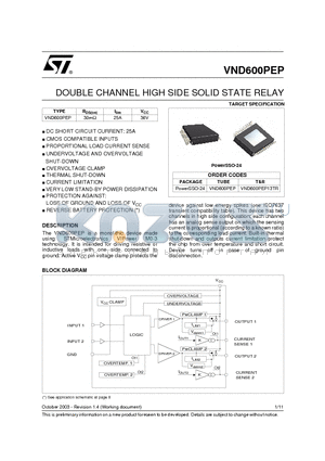 VND600PEP13TR datasheet - DOUBLE CHANNEL HIGH SIDE SOLID STATE RELAY