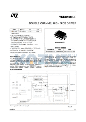 VND810MSP13TR datasheet - DOUBLE CHANNEL HIGH SIDE DRIVER
