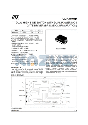 VND670SP datasheet - DUAL HIGH SIDE SWITCH WITH DUAL POWER MOS GATE DRIVER BRIDGE CONFIGURATION