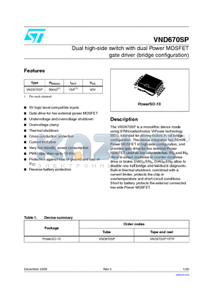 VND670SP datasheet - Dual high-side switch with dual Power MOSFET gate driver(bridge configuration)