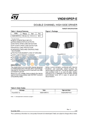 VND810PEPTR-E datasheet - DOUBLE CHANNEL HIGH SIDE DRIVER