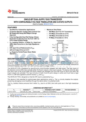 SN74LVC1T45TDCKRQ1 datasheet - SINGLE-BIT DUAL-SUPPLY BUS TRANSCEIVER WITH CONFIGURABLE VOLTAGE TRANSLATION AND 3-STATE OUTPUTS