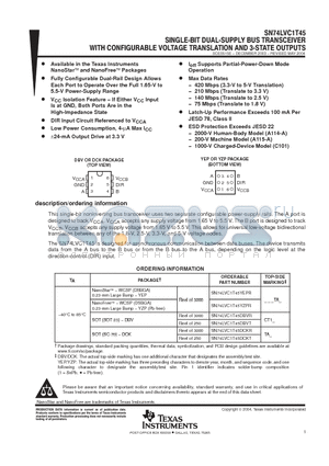 SN74LVC1T45YZPR datasheet - SINGLE-BIT DUAL-SUPPLY BUS TRANSCEIVER WITH CONFIGURABLE VOLTAGE TRANSLATION AND 3-STATE OUTPUTS